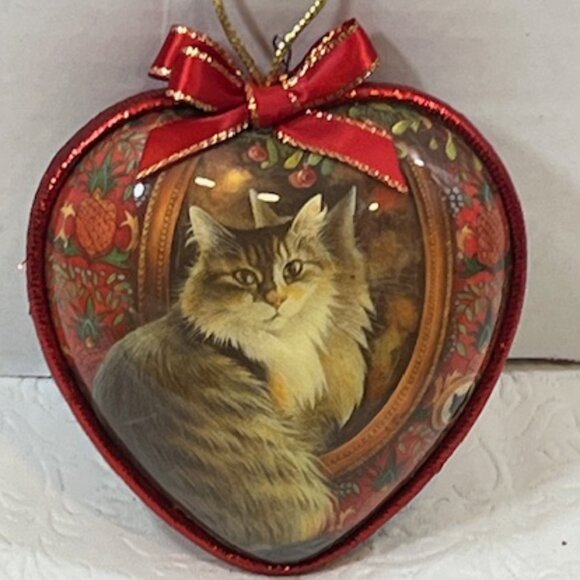 VTG Heart w/Tabby Cat in Mirror Double Sided Christmas Tree Ornament 3.75" - Picture 6 of 8